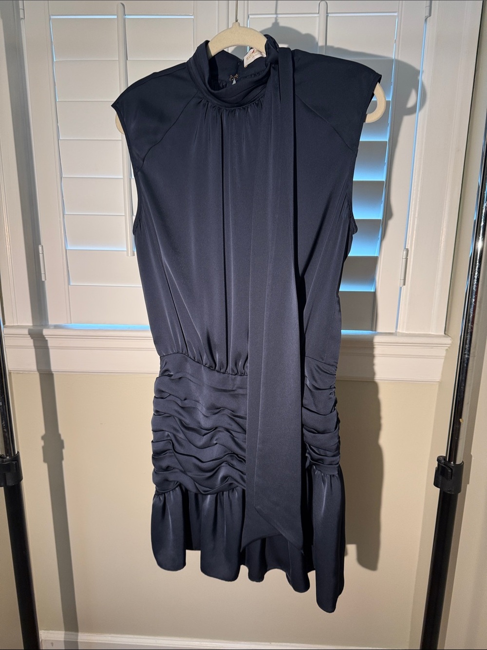 Ramy Brook Sleeveless Navy Ruched Tie-Neck Dress